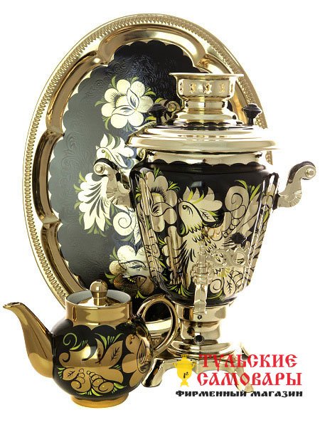 Самовар электрический 3 литра с чайником и подносом роспись "Золотые цветы на черном фоне" с автоотключением арт. 161656а фото 1 — Samovars.ru